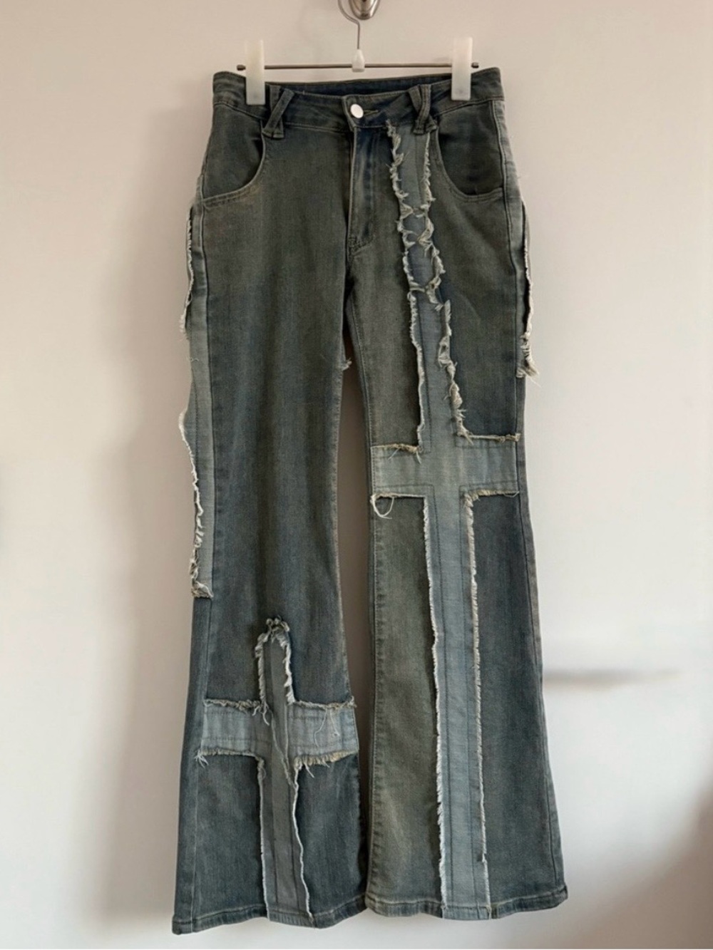 ROMWE Grunge Punk Cross Pattern Raw Trim Flare Leg Jeans Size 2